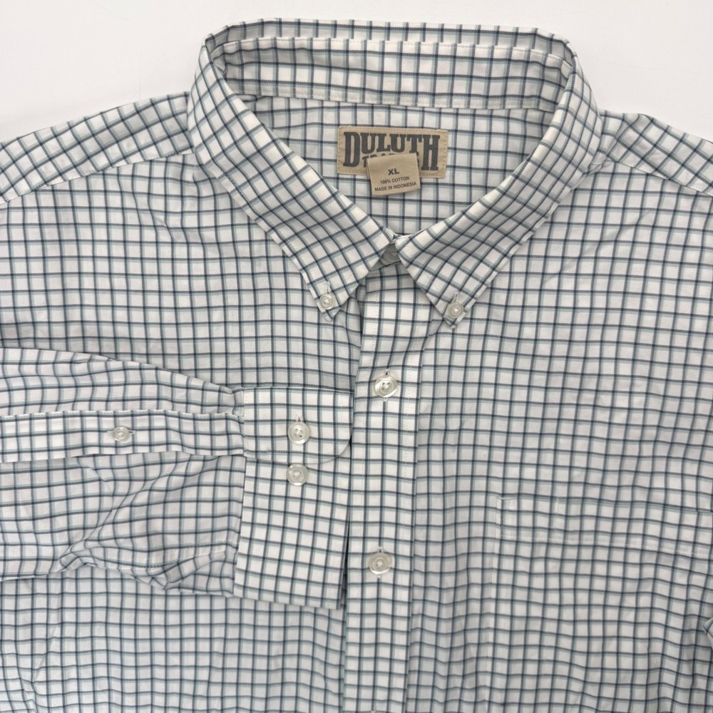 Duluth Trading Co Button Down Men XL White Navy Grid Plaid Long Sleeve Workwear